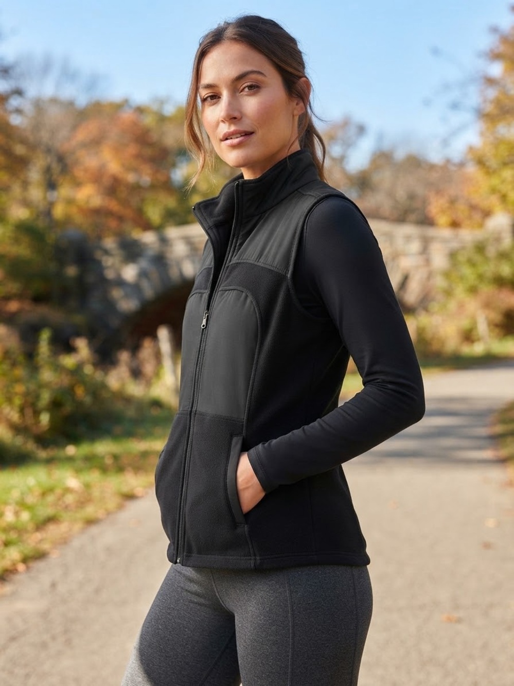 Tek Gear Women's Black Full-Zip Fleece & Woven Vest – Size Medium